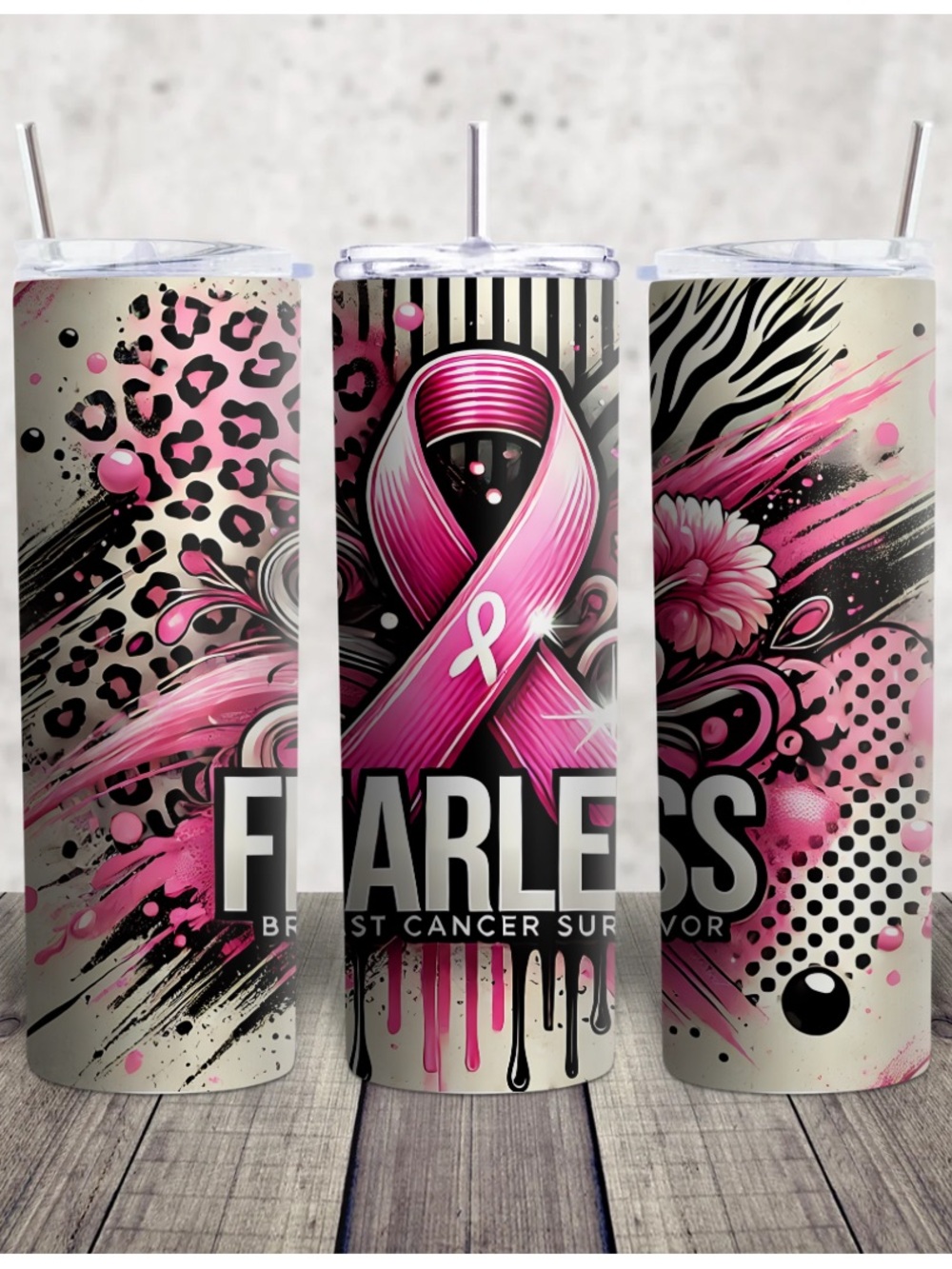 Hand Crafted Pink and Black 'Fearless' Breast Cancer Ribbon Tumbler